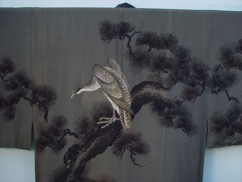 Hawk on Pine Tree on Men's Antique Kimono, Wall Decor
