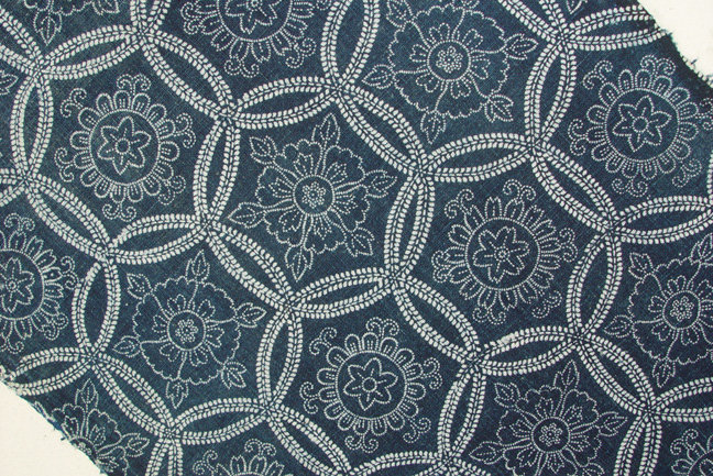 Antique Japanese Stencil Dye Cotton-Flowers in Shippo