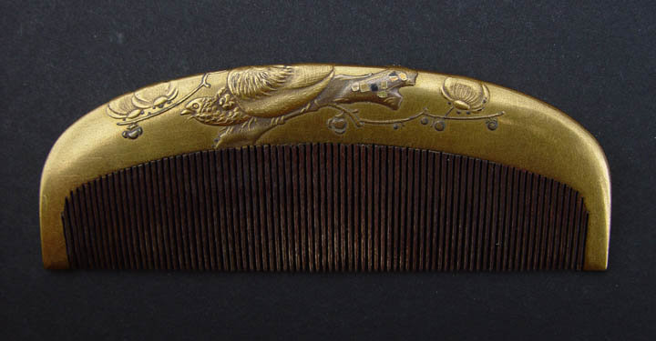 Antique Kanzashi Wood Hair Comb, Makie, Mandarin Ducks