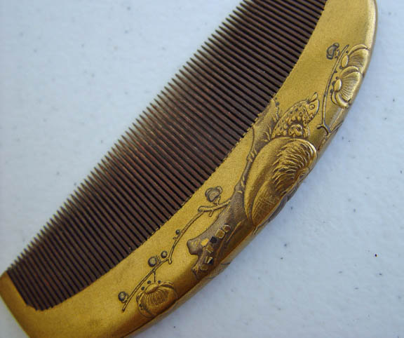 Antique Kanzashi Wood Hair Comb, Makie, Mandarin Ducks