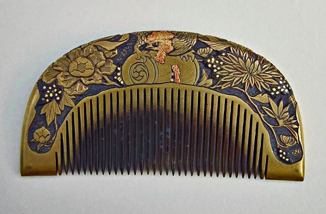 Antique Kanzashi Hair comb, Hand Carved Peony and a Rooster