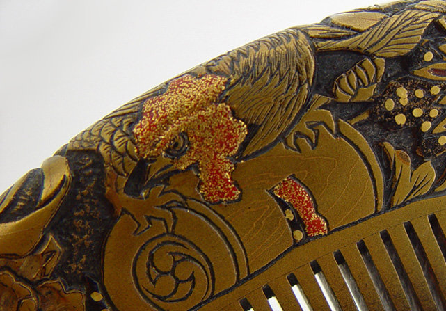 Antique Kanzashi Hair comb, Hand Carved Peony and a Rooster