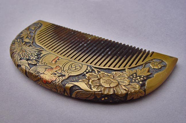 Antique Kanzashi Hair comb, Hand Carved Peony and a Rooster