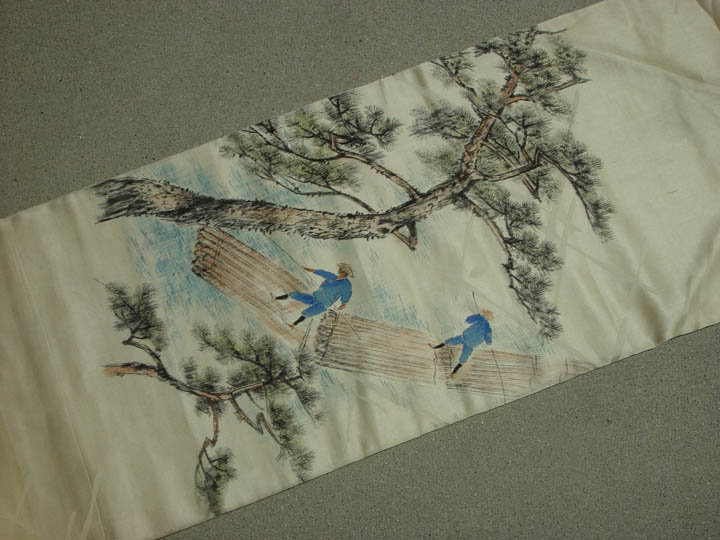 Japanese Silk Obi, Art Painting, Lumber Rafters, Signed