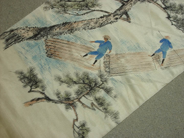 Japanese Silk Obi, Art Painting, Lumber Rafters, Signed
