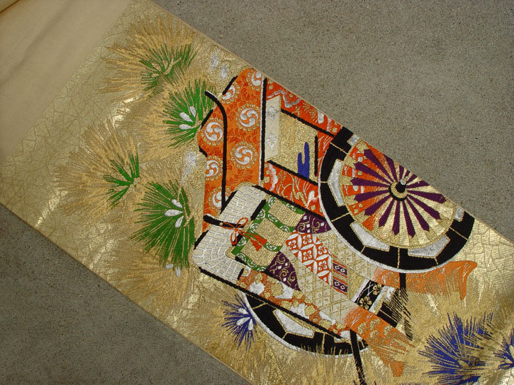 Japanese Silk Obi, Royal Carriage and Pines in Gold