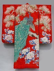 Antique Uchikake, Peacocks on Pine Branch, Peony