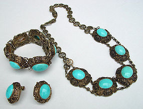 Beautiful Chinese Turquoise and Silver Filigree Necklace Set