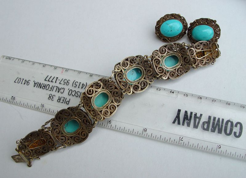 Beautiful Chinese Turquoise and Silver Filigree Necklace Set