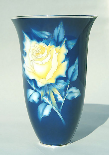 Large Ando Cloisonne Vase, Yellow Rose, Silver Rim
