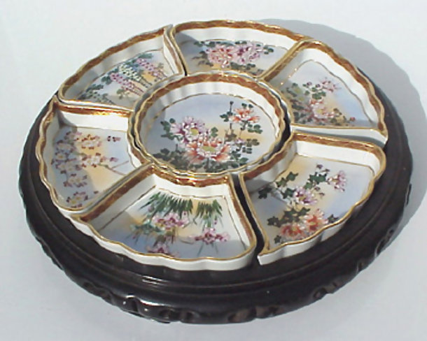 Beautiful Hand Painted Kutani Dishes in Wooden Tray