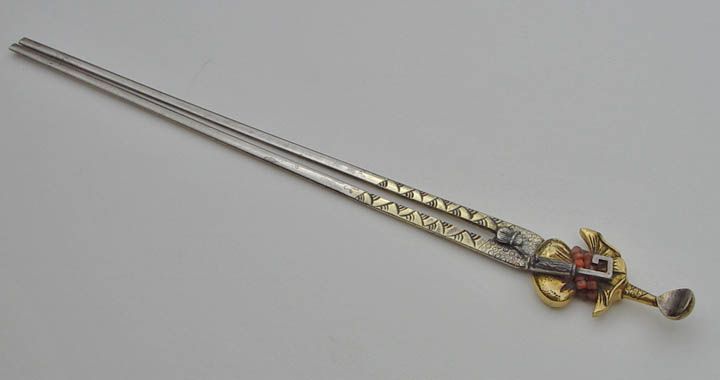 Japanese Antique Silver/Gold Hairpin, A Lock on Money bag