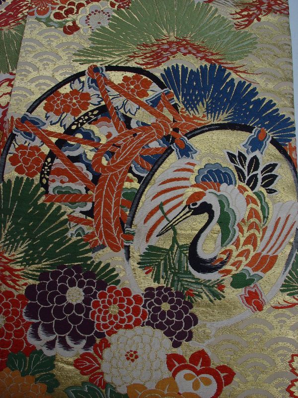 Japanese Silk Obi, Tsuzumi (drums), Cranes, Flowers