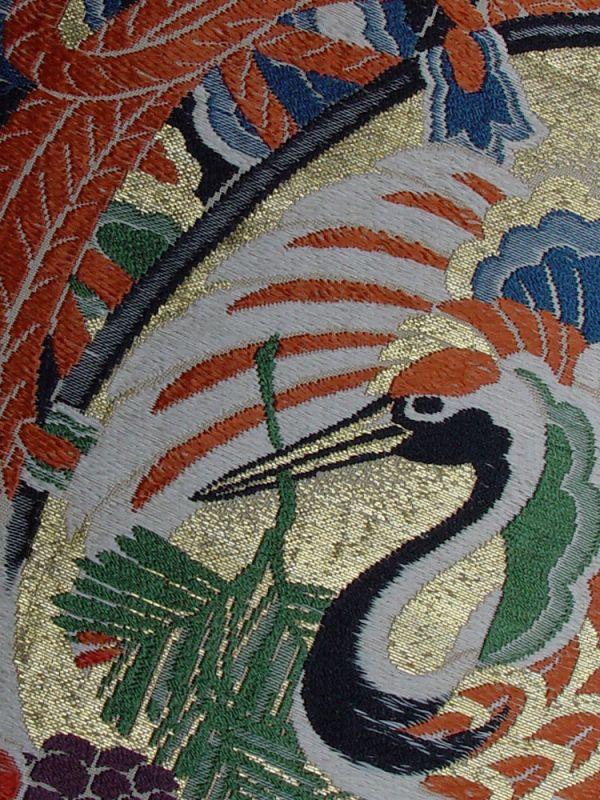 Japanese Silk Obi, Tsuzumi (drums), Cranes, Flowers