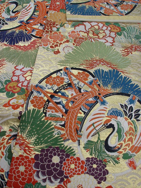 Japanese Silk Obi, Tsuzumi (drums), Cranes, Flowers