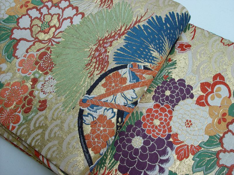 Japanese Silk Obi, Tsuzumi (drums), Cranes, Flowers