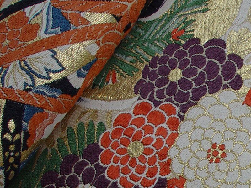 Japanese Silk Obi, Tsuzumi (drums), Cranes, Flowers