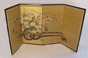 Vintage Japanese Silk Screen with Flower Cart