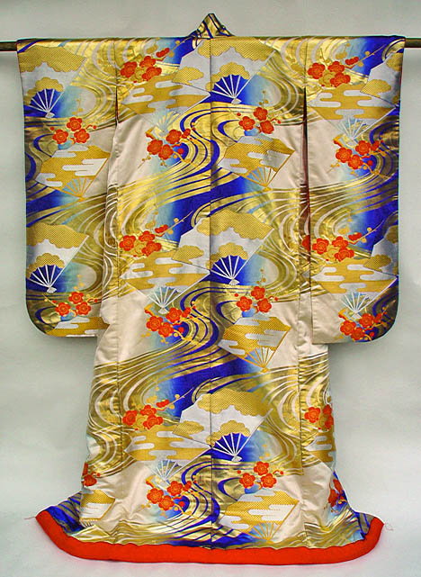 Japanese Wedding Gown; Fans, Plum Blossoms, River