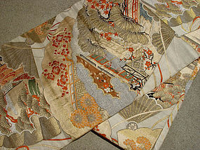 Antique Nishijin Silk Obi with Gold Pines, Fans