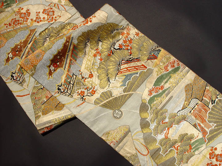 Antique Nishijin Silk Obi with Gold Pines, Fans