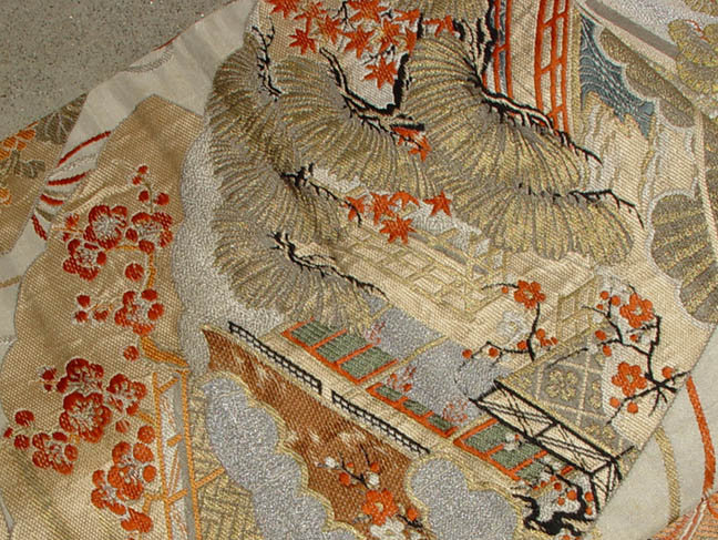 Antique Nishijin Silk Obi with Gold Pines, Fans