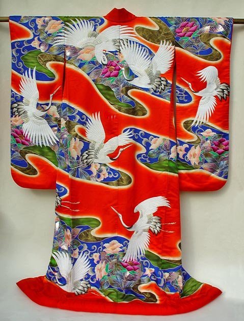 Red Japanese Wedding Gown, Cranes in Pond