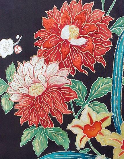 Yuzen Flowers in Black Antique Kimono