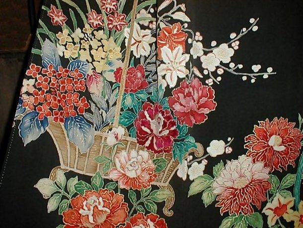 Yuzen Flowers in Black Antique Kimono