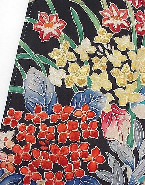 Yuzen Flowers in Black Antique Kimono