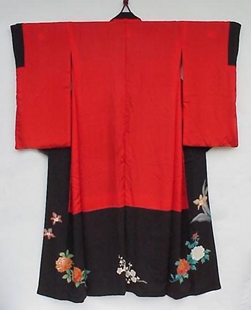 Yuzen Flowers in Black Antique Kimono