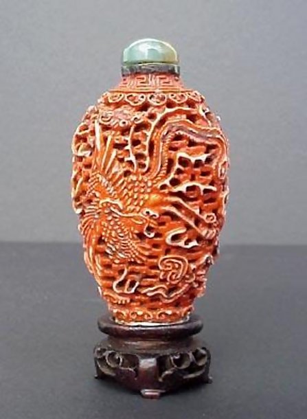 Antique Snuff Bottle Reticulated Dragon Phoenix