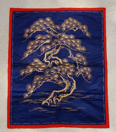 Antique Japanese Fukusa Gift Cover Sacred Pine Tree in Gold Embroidery