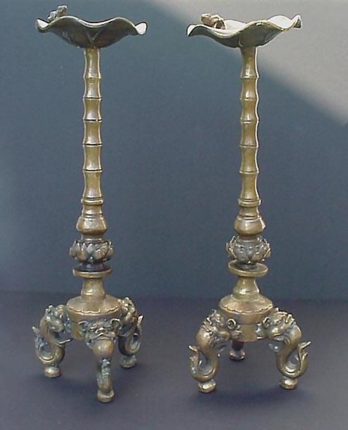 Old Bronze Candlesticks with Lion Heads
