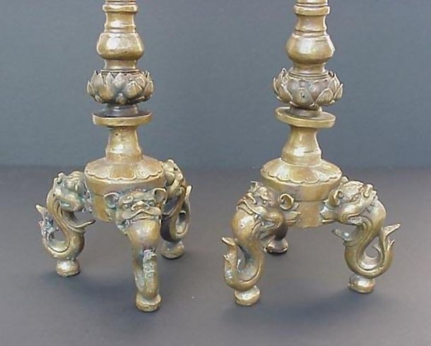 Old Bronze Candlesticks with Lion Heads