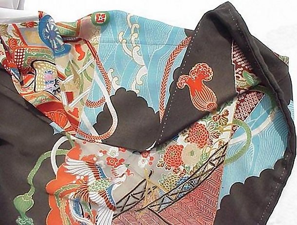 Antique Black Silk Kimono with Fans