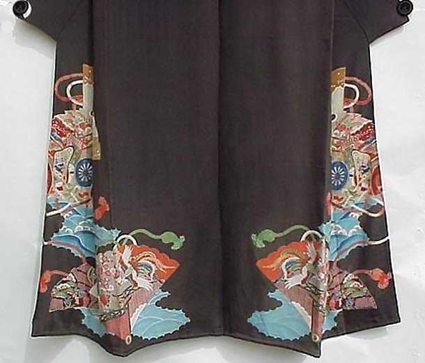 Antique Black Silk Kimono with Fans