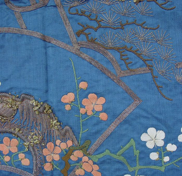 Antique Fukusa Japanese Gift Cover, Sho-Chiku-Bai on Fans, Embroidery