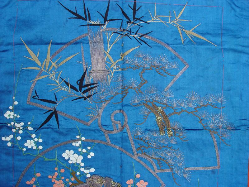 Antique Fukusa Japanese Gift Cover, Sho-Chiku-Bai on Fans, Embroidery