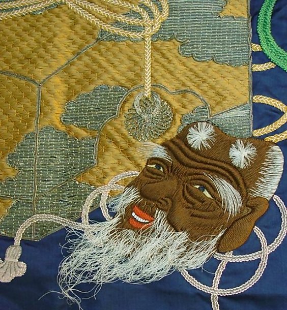 Antique Fukusa Japanese Gift Cover, Noh Okina Mask Box