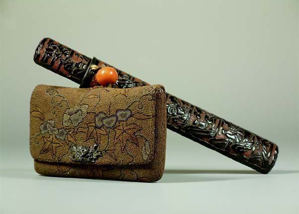 Japanese Tobacco Pouch, Pipe Case with coral Ojime
