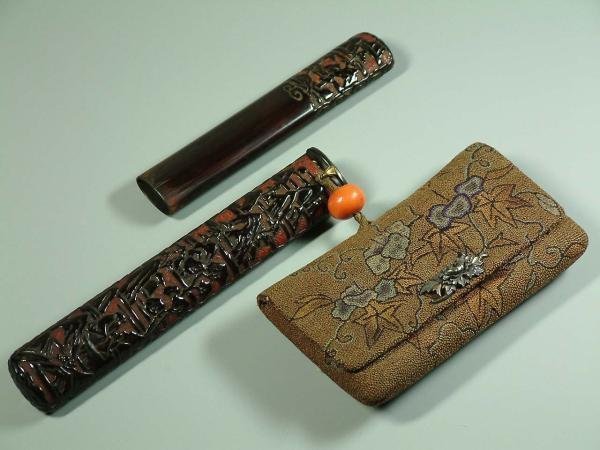 Japanese Tobacco Pouch, Pipe Case with coral Ojime