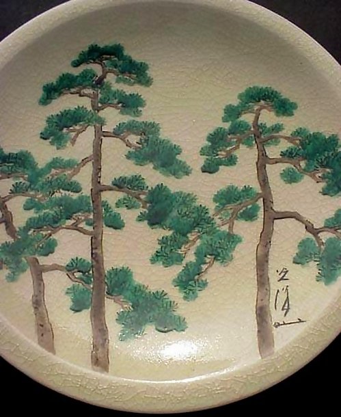 Japanese Ceramic Plate, Hand Painted Pines Wall Hanging