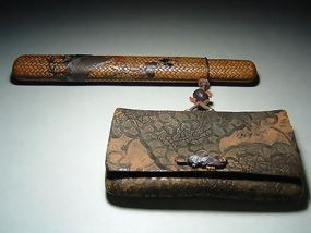 Japanese Antique Tobacco Pouch,  Cockerel and Hen