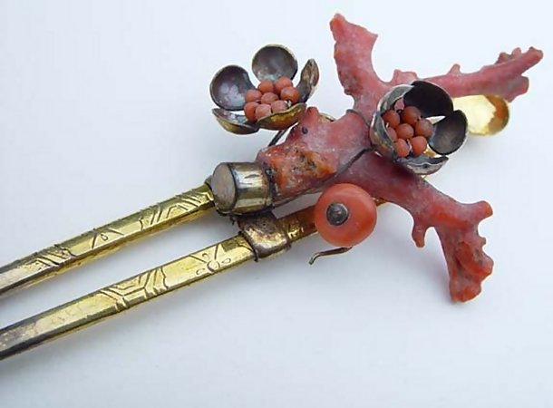 Japanese Antique Kanzashi Hairpin with Large Red Coral