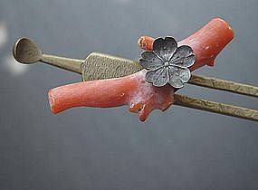 Antique Kanzashi Japanese Hairpin with Coral