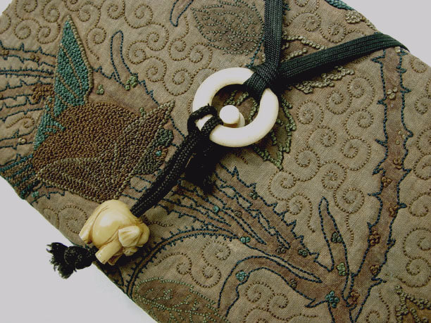 Antique Embroidered Japanese Purse with Elephant Ojime