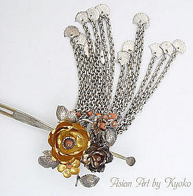 Antique Silver Bira-bira Kanzashi Hair Pin with Peony
