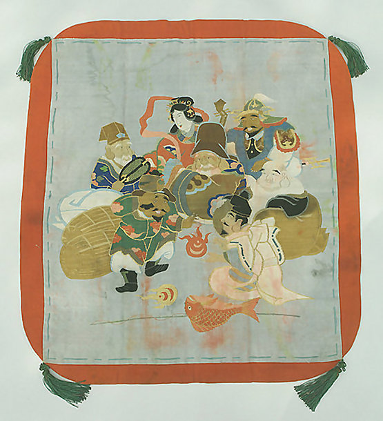 Japanese Antique Fukusa, Tsuzure-ori, Seven Lucky Gods