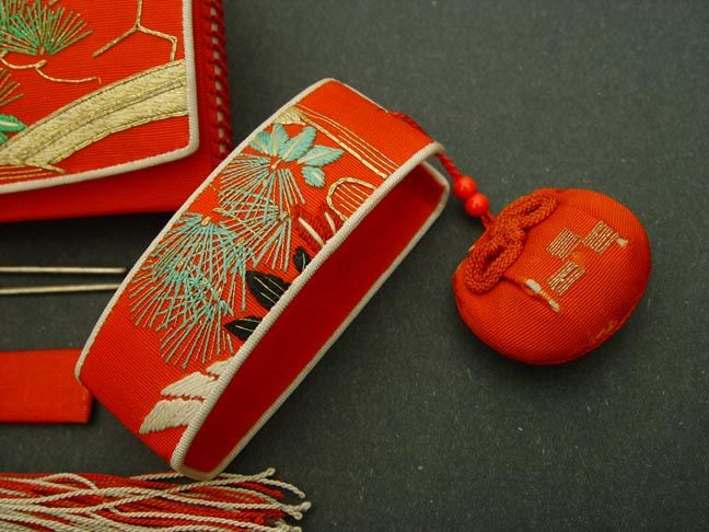 Beautiful Red Antique Japanese Tissue Holder, Kanzashi
